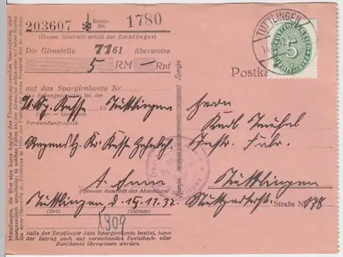 (11393) Postkarte Dienstsache DR 1932 v. Oberamtssparkasse Tuttlingen