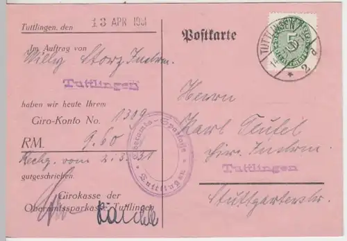(11385) Postkarte Dienstsache DR 1931 v. Oberamtssparkasse Tuttlingen