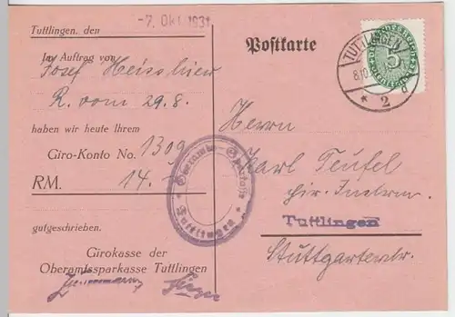 (11384) Postkarte Dienstsache DR 1931 v. Oberamtssparkasse Tuttlingen