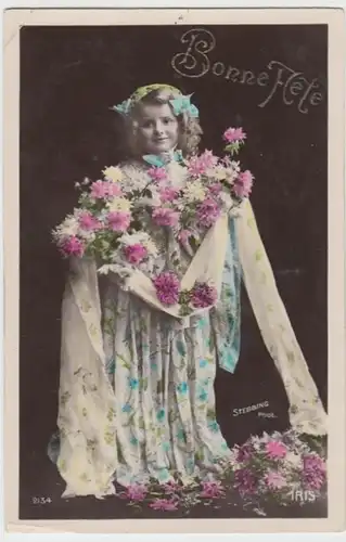 (11243) AK Mädchen mit Blumen, Bonne Fete, coloriert 1909