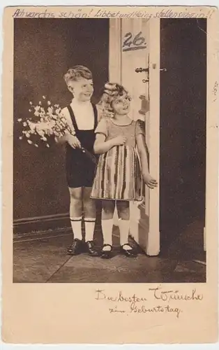 (11222) AK Kinder mit Blumen an Tür, Geburtstagsgruß 1939