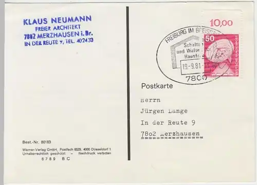 (11171) Postkarte DBP SSt Freiburg 1981 v. Klaus Neumann Architekt Merzhausen