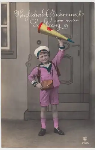 (11128) AK Schulanfang, Junge mit Zuckertüte, coloriert 1927