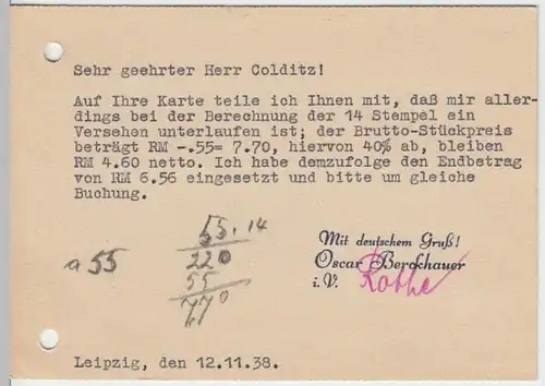 (10975) Postkarte DR 1938 v. Oscar Berckhauer Leipzig