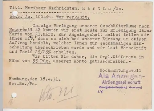 (10970) Postkarte DR 1931 v. ALA Anzeigen AG Hamburg