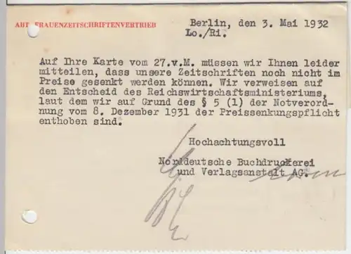 (10900) Postkarte DR 1932 v. Norddeutsche Buchdruckerei Berlin