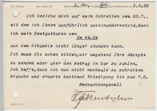 (11572) Postkarte DR 1932 v. H. Fikentscher Leipzig