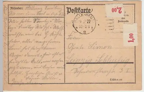 (11524) Postkarte DR Halle a.S. 1922