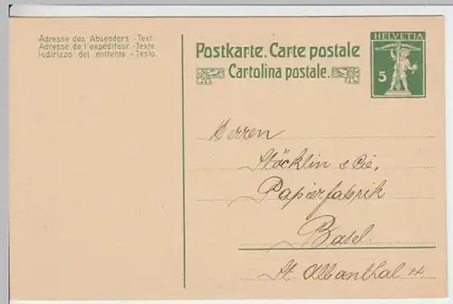 (11521) Ganzsache Schweiz um 1910, Papierfabrik Stöcklin & Cie Basel