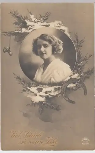 (11444) Foto AK Neujahr, Frauenporträt, Hufeisen, Fliegenpilz 1912