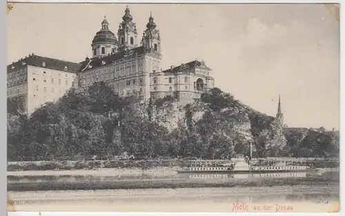(10011) AK Melk a. Donau, Stift Melk u. Schaufelraddampfer um 1905