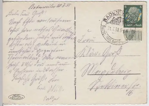 (9927) AK Badenweiler, Schwarzw., Thermalbad, Sonderstempel 1938