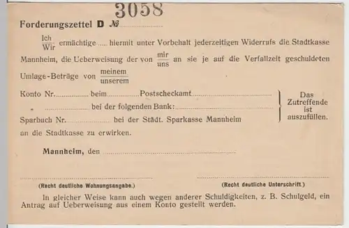 (9803) Postkarte Stadtkasse Mannheim, Forderungszettel 1920/30er ungelaufen