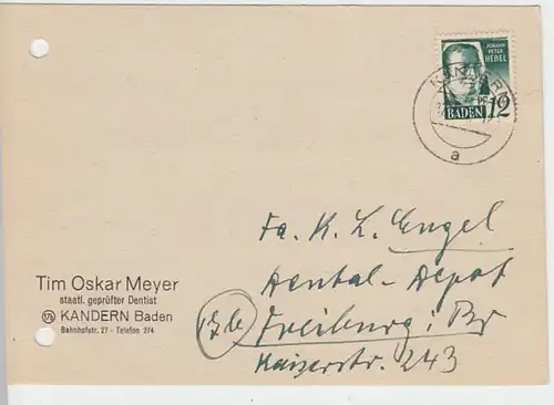 (9573) Postkarte DP Baden 1947, Tim Oskar Mayer, Dentist Kandern