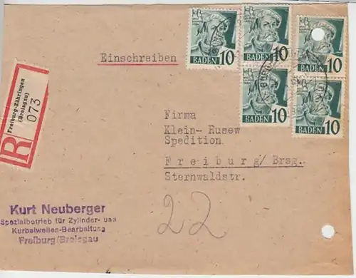 (9566) Postkarte Einschreiben DP Baden, Kurt Neuberger, Freiburg i.B. 1949