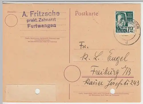 (9326) Postkarte DP Baden 1947, A. Fritzsche, Zahnarzt Furtwangen