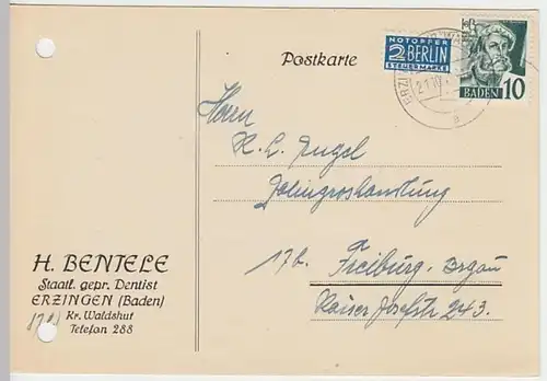 (9313) Postkarte DP Baden 1949, H. Bentele, Dentist Erzingen