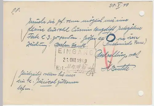 (9313) Postkarte DP Baden 1949, H. Bentele, Dentist Erzingen