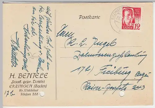 (9310) Postkarte DP Baden 1948, H. Bentele, Dentist Erzingen