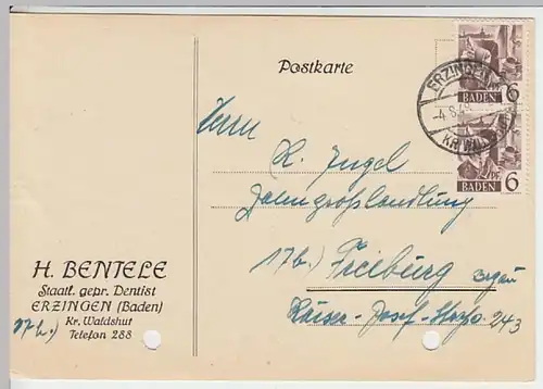 (9241) Postkarte DP Baden 1948, H. Bentele, Dentist Erzingen