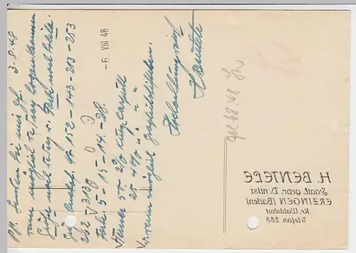 (9241) Postkarte DP Baden 1948, H. Bentele, Dentist Erzingen