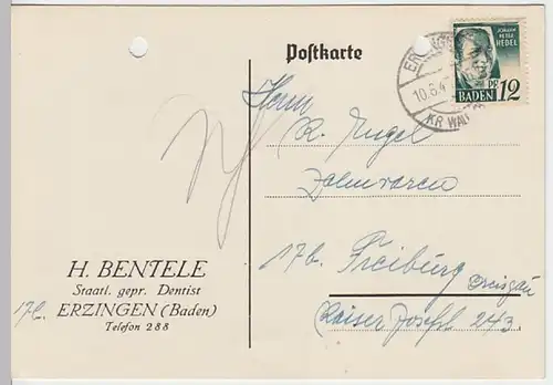(9223) Postkarte DP Baden 1947, H. Bentele, Dentist Erzingen