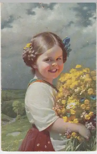 (7961) Künstler AK Mädchen mit Wiesenstrauß, vor 1945