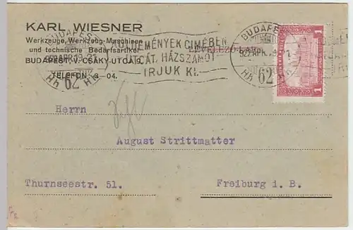 (7883) Postkarte Ungarn v. Karl Wiesner, Werkzeugmaschinen Budapest 1919