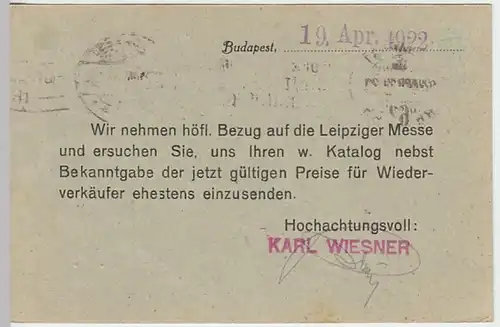 (7883) Postkarte Ungarn v. Karl Wiesner, Werkzeugmaschinen Budapest 1919