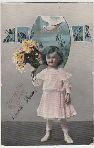 (7849) AK Namenstag, Mädchen mit Blumen, Taube, vor 1945