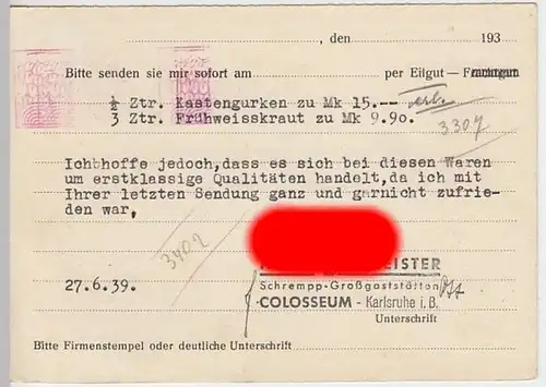 (7759) Postkarte DR Johann Schumm jr. Bamberg 1939