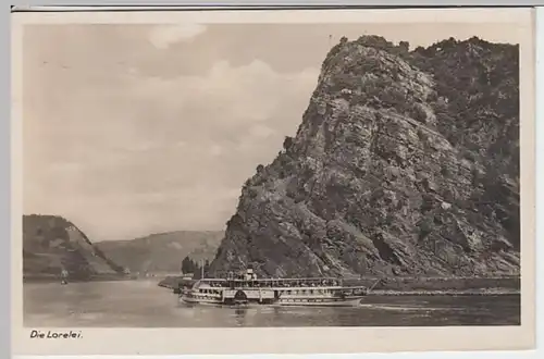 (7707) Foto AK Loreleyfelsen am Rhein, St. Goar, Schaufelraddampfer, 1935