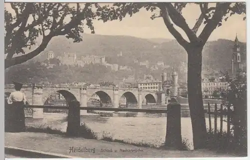 (7644) AK Heidelberg, Schloss, Neckarbrücke 1914