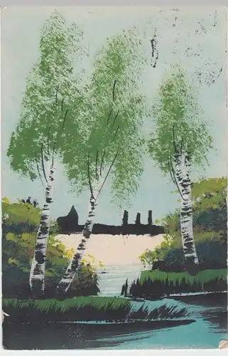 (7589) Künstler AK Birken am Wasser, echte Malerei 1914