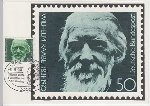 (7069) Postkarte u. Briefmarke 150 J. Wilhelm Raabe, SSt Braunschweig 1981