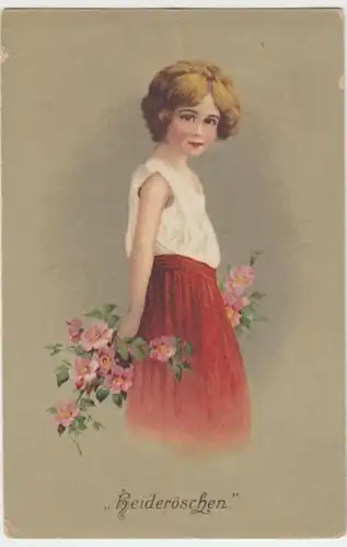 (7019) Künstler AK Heideröschen, junge Frau mit Blumen 1910er