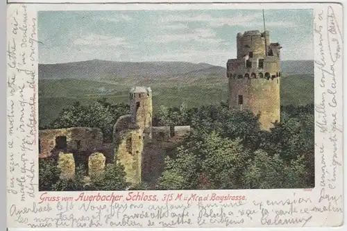 (6371) AK Gruß vom Schloss Auerbach, Bensheim, gelaufen 1909