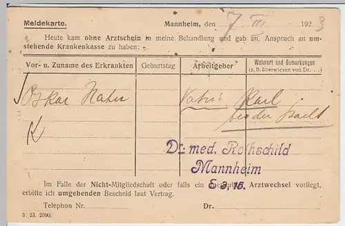 (6291) Postkarte DR v. Dr. med. Rothschild, Mannheim 1923