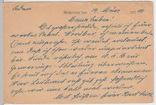 (6267) Feldpostkarte, 7. Inf., 19. Komp., Genesungsabteilung 1916
