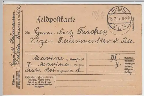 (6233) Feldpostkarte, Marine Matr. Art. Reg. 1, 3. Batl., 9. Komp., 1917