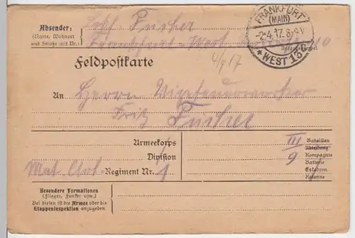 (6222) Feldpostkarte, Matr. Art. Reg. 1, 3. Batl, 9. Komp. 1917