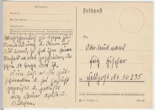 (6207) Feldpostkarte, Feldpost Nr. 16295, 1941