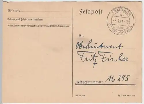 (6189) Feldpostkarte, Feldpost Nr. 16295, 1941