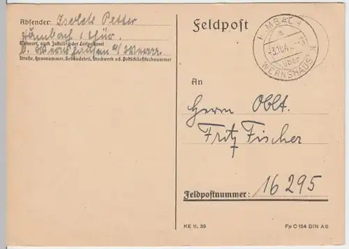 (6187) Feldpostkarte, Feldpost Nr. 16295, 1941