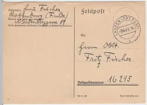 (6186) Feldpostkarte, Feldpost Nr. 16295, 1941