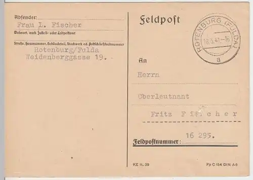 (6183) Feldpostkarte, Feldpost Nr. 16295, 1941