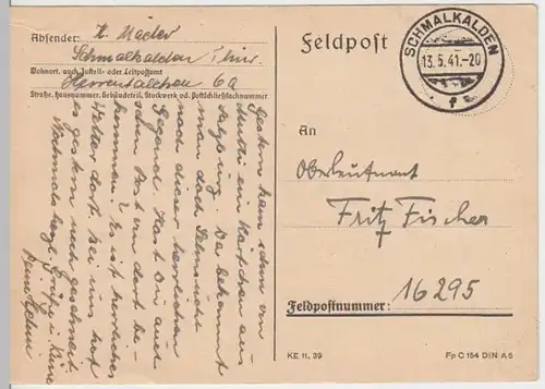 (6160) Feldpostkarte, Feldpost Nr. 16295, 1941