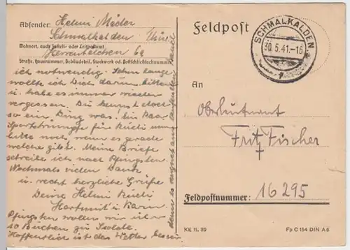 (6156) Feldpostkarte, Feldpost Nr. 16295, 1941