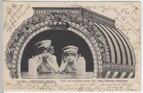 (3235) AK Sprüche, Jung Heidelberg, Still u. maulfaul saßen wir.. 1904