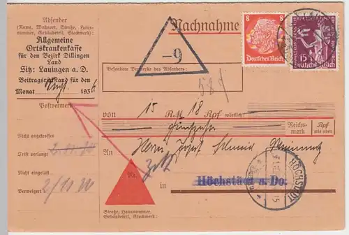 (5232) Postkarte Nachnahmekarte DR, Allg. Ortskrankenkasse Dillingen 1936